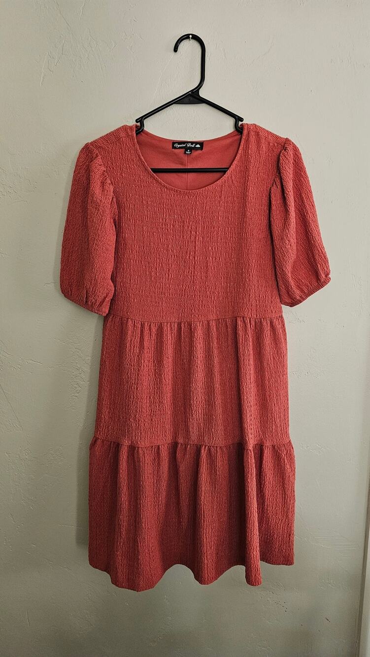 Crystal Doll Deep Coral Tiered Midi Dress - Women's Size S - Short Sleeve